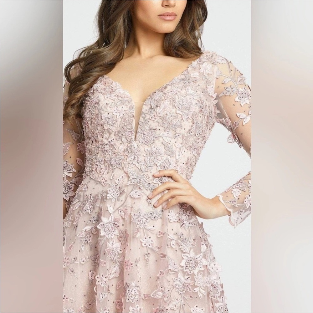 Mac Duggal Blush Floral Lace Long Sleeve Dress